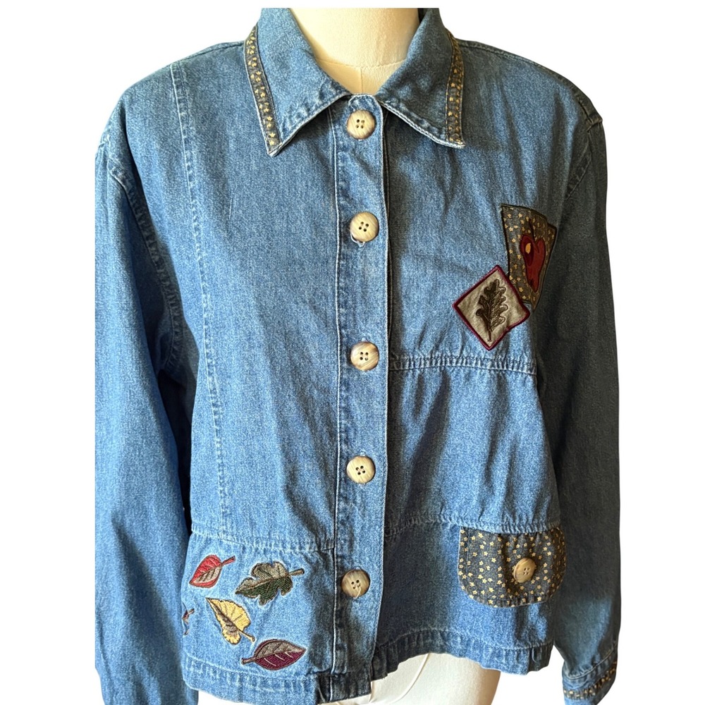 Christopher & Banks Denim Jacket Womens Large Blue Embroidered Leaves Apple Fall